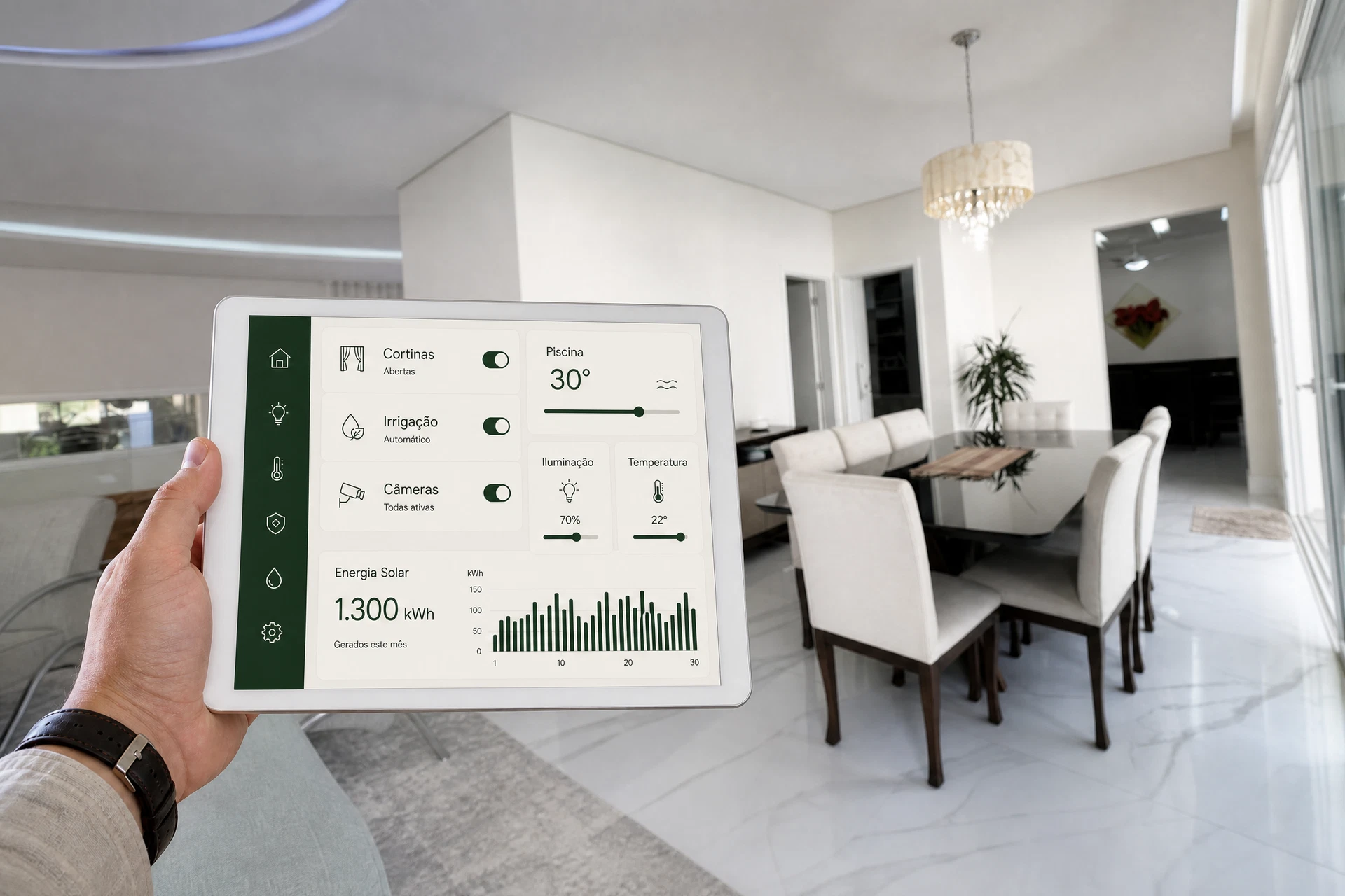 Tablet de automação residencial controlando cortinas, irrigação, câmeras e piscina da Villa Lombarda
